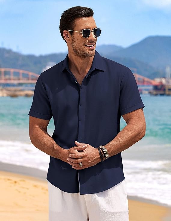 COOFANDY Camisas de lino para hombre, camisas casuales de manga corta con botones para hombre, camisa de playa de verano para boda