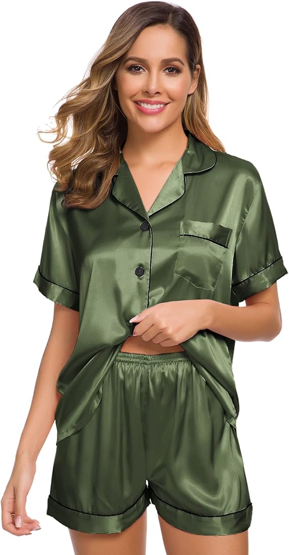 SWOMOG - Conjunto de pijama de satén de seda para mujer, ropa de dormir de manga corta con botones y pantalones cortos, conjunto de pijama de 2 piezas, tallas