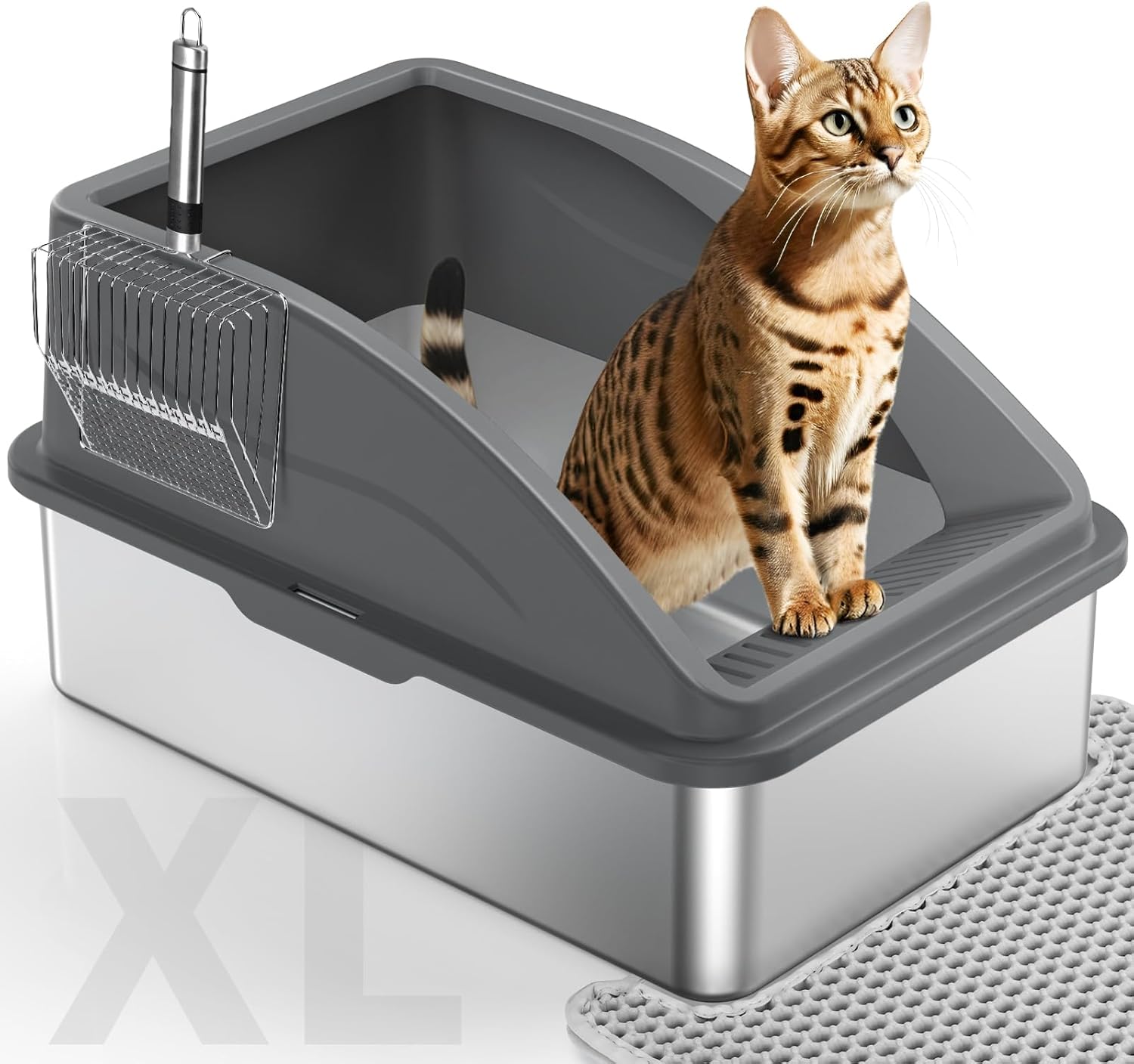 Caja de arena para gatos de acero inoxidable, cajas de arena extra grandes para gatos grandes, caja de arena XL antifugas de orina con lados altos, caja de arena de metal extragrande con tapa, fácil