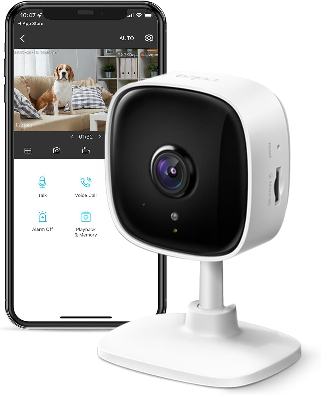 Tapo by TP-Link 1080P Cámara de seguridad para interior, detección de movimiento, audio de 2 vías y sirena, visión nocturna, almacenamiento en nube y tarjeta SD, compatible con Alexa y Google Home