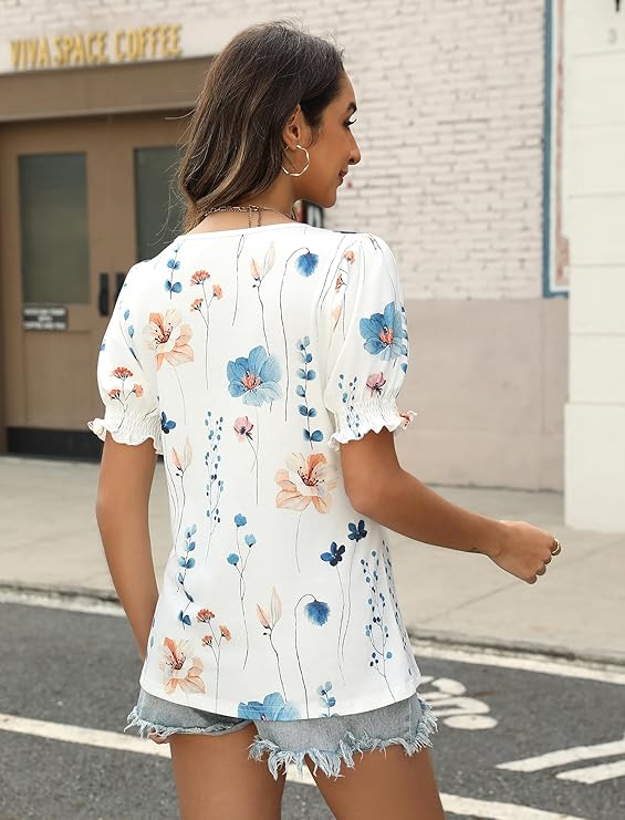 Women’s Square Neck Puff Sleeve Top Short Sleeve Casual Smocked Cuff Blouse for Summer Outfits Tee Shirts