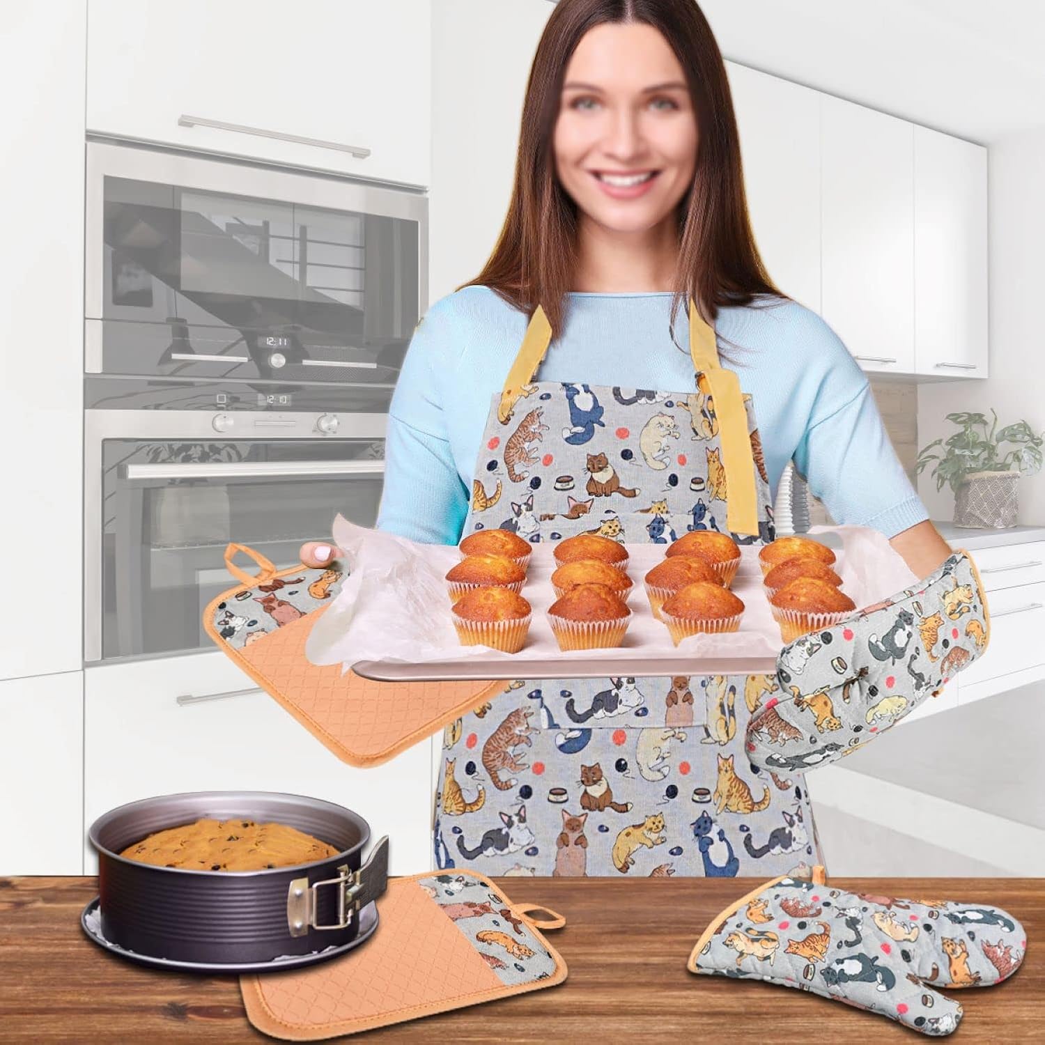 Oven Mitts and Pot Holders with Chef Apron Set of 5