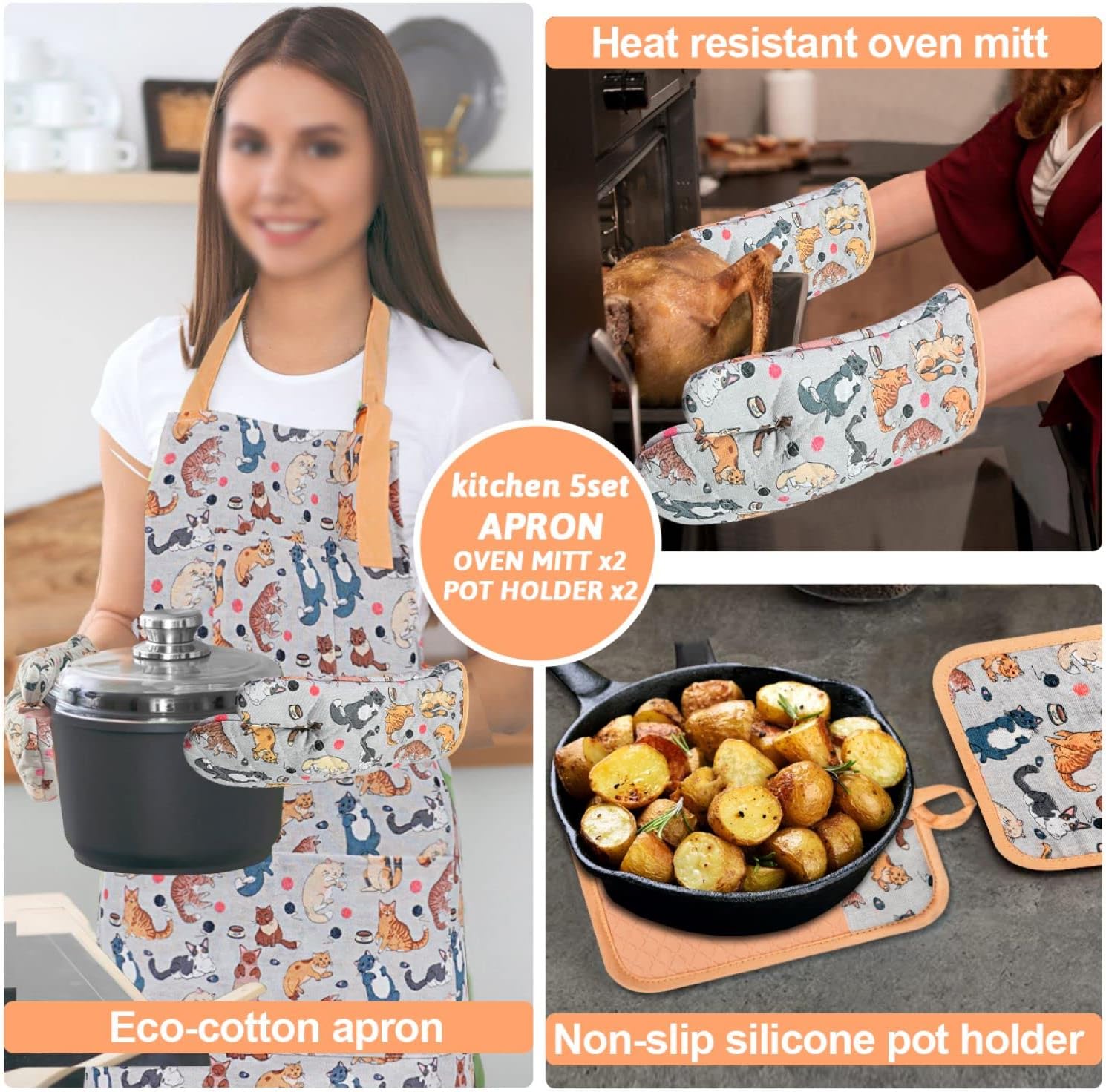 Oven Mitts and Pot Holders with Chef Apron Set of 5