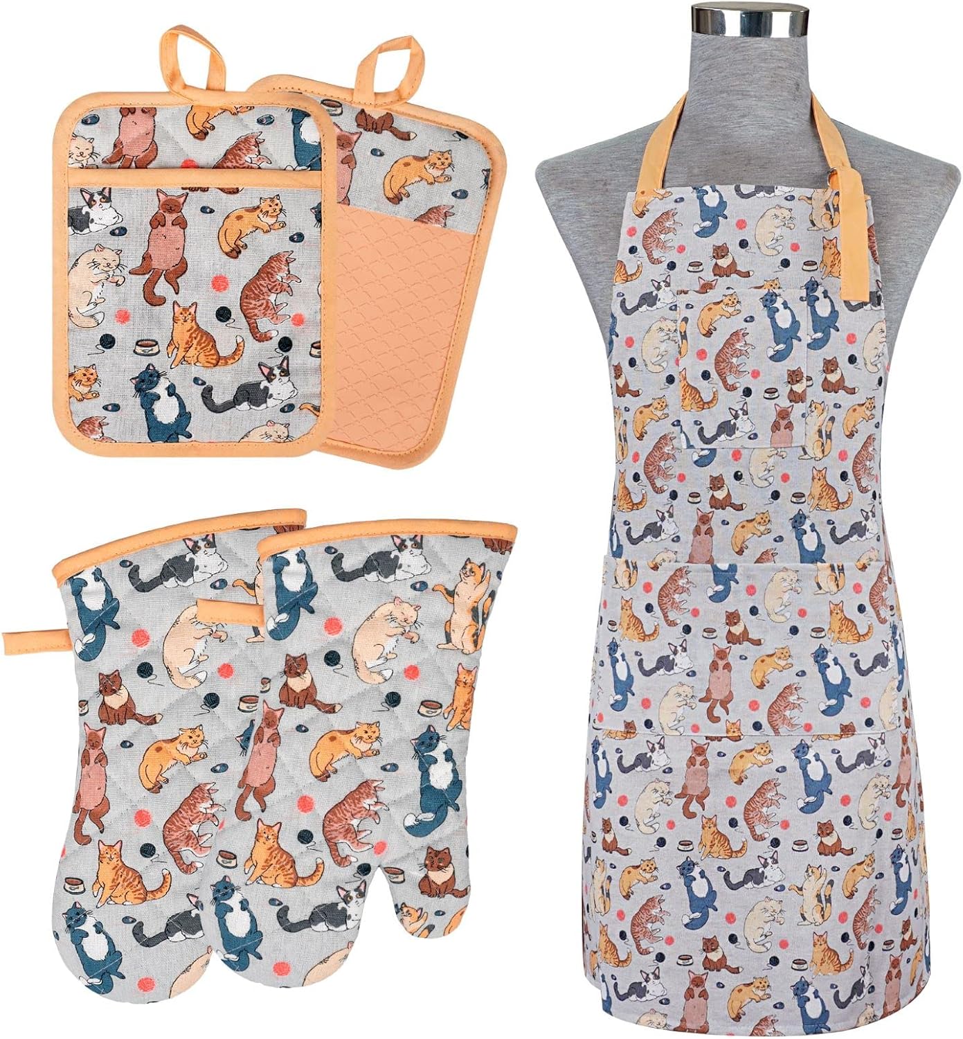 Oven Mitts and Pot Holders with Chef Apron Set of 5